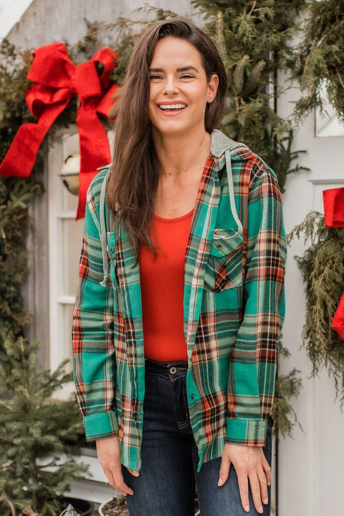 Heartfelt Serenades Hooded Plaid Top- Emerald Green