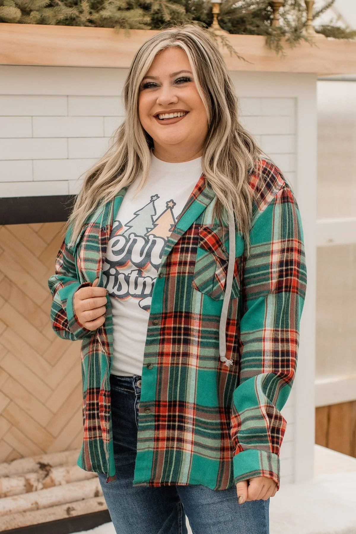 Heartfelt Serenades Hooded Plaid Top- Emerald Green