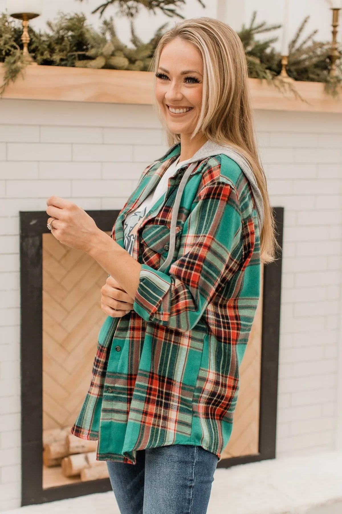 Heartfelt Serenades Hooded Plaid Top- Emerald Green