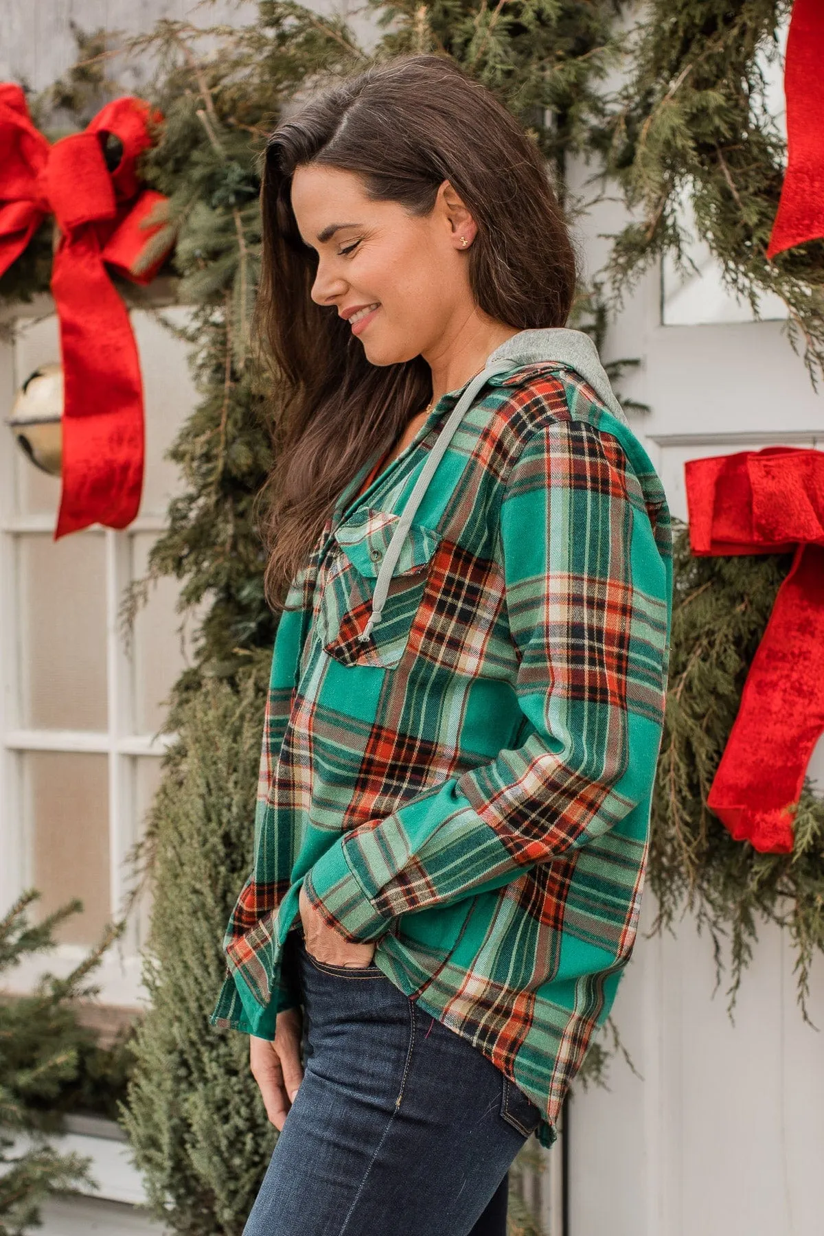 Heartfelt Serenades Hooded Plaid Top- Emerald Green