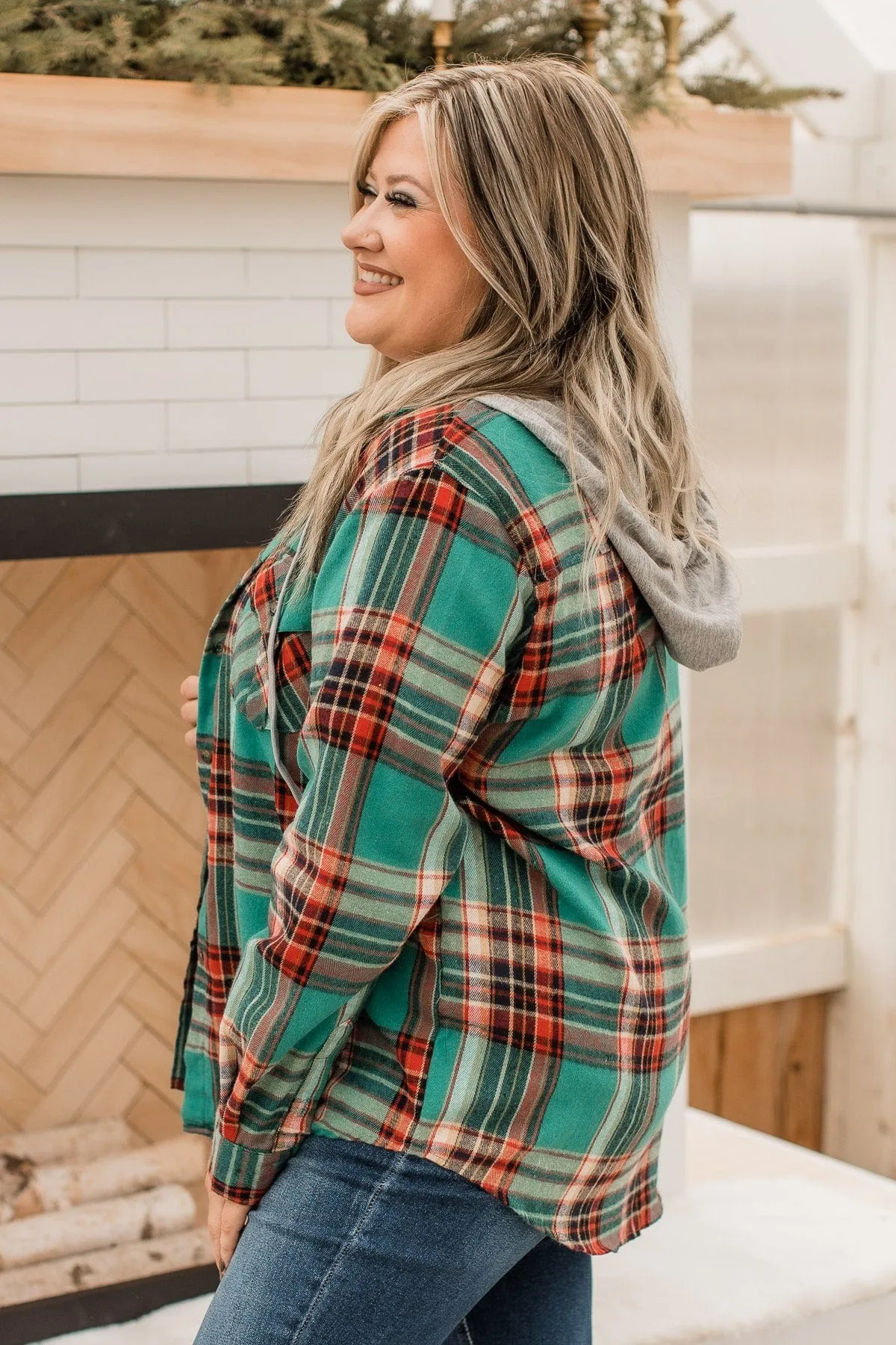 Heartfelt Serenades Hooded Plaid Top- Emerald Green