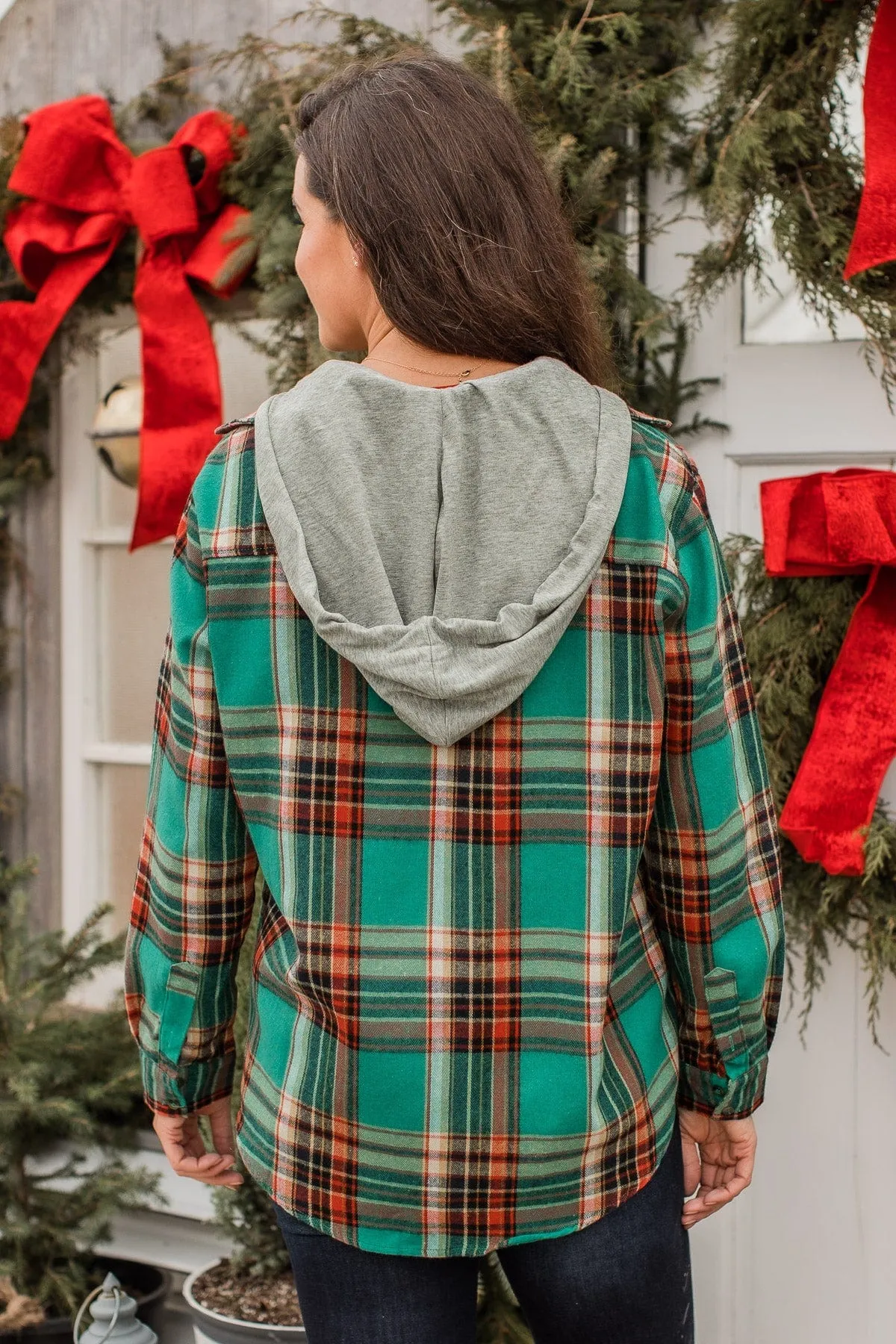 Heartfelt Serenades Hooded Plaid Top- Emerald Green