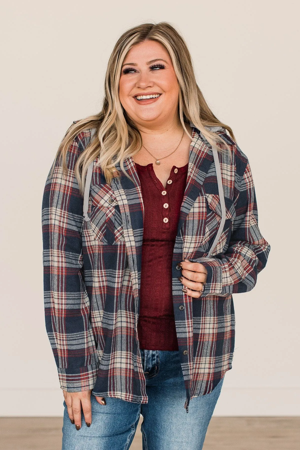 Heartfelt Serenades Hooded Plaid Top- Navy