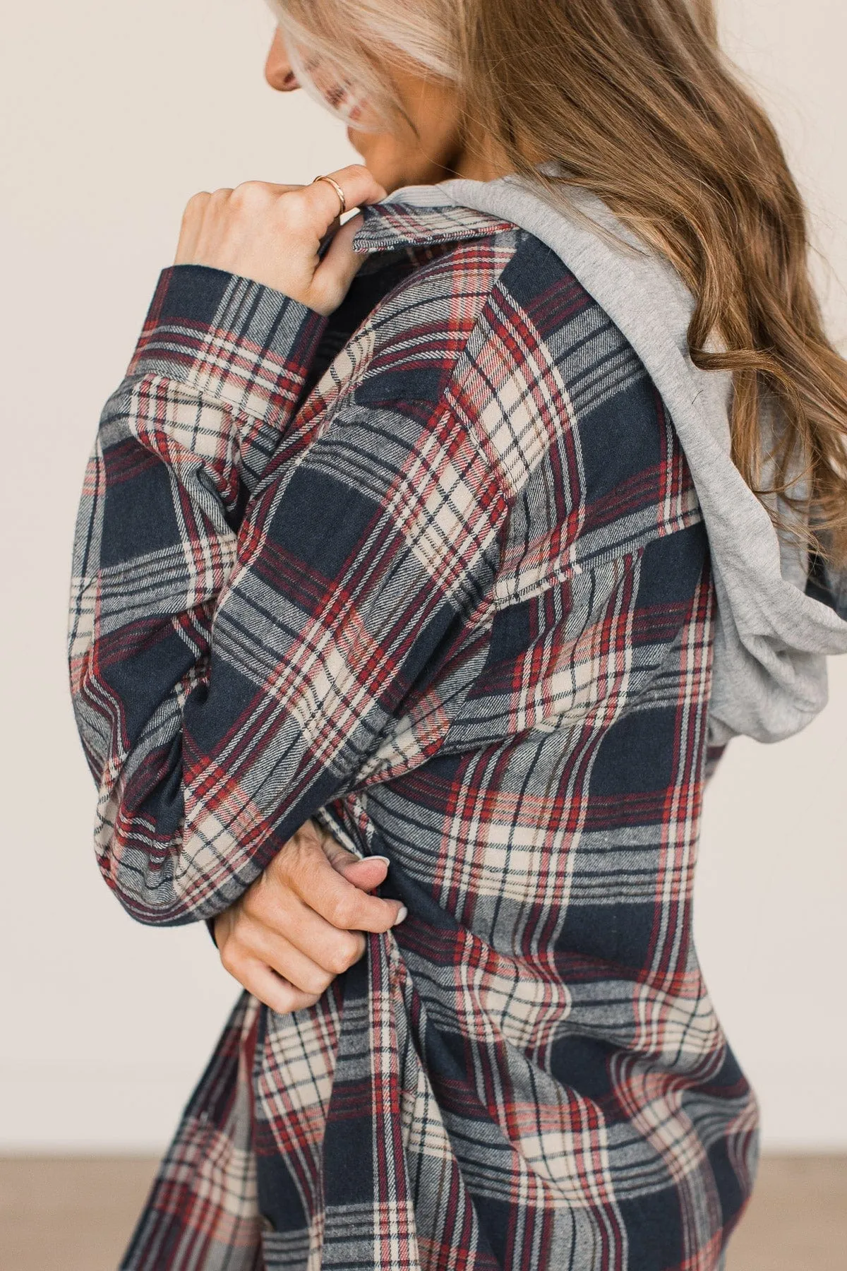 Heartfelt Serenades Hooded Plaid Top- Navy