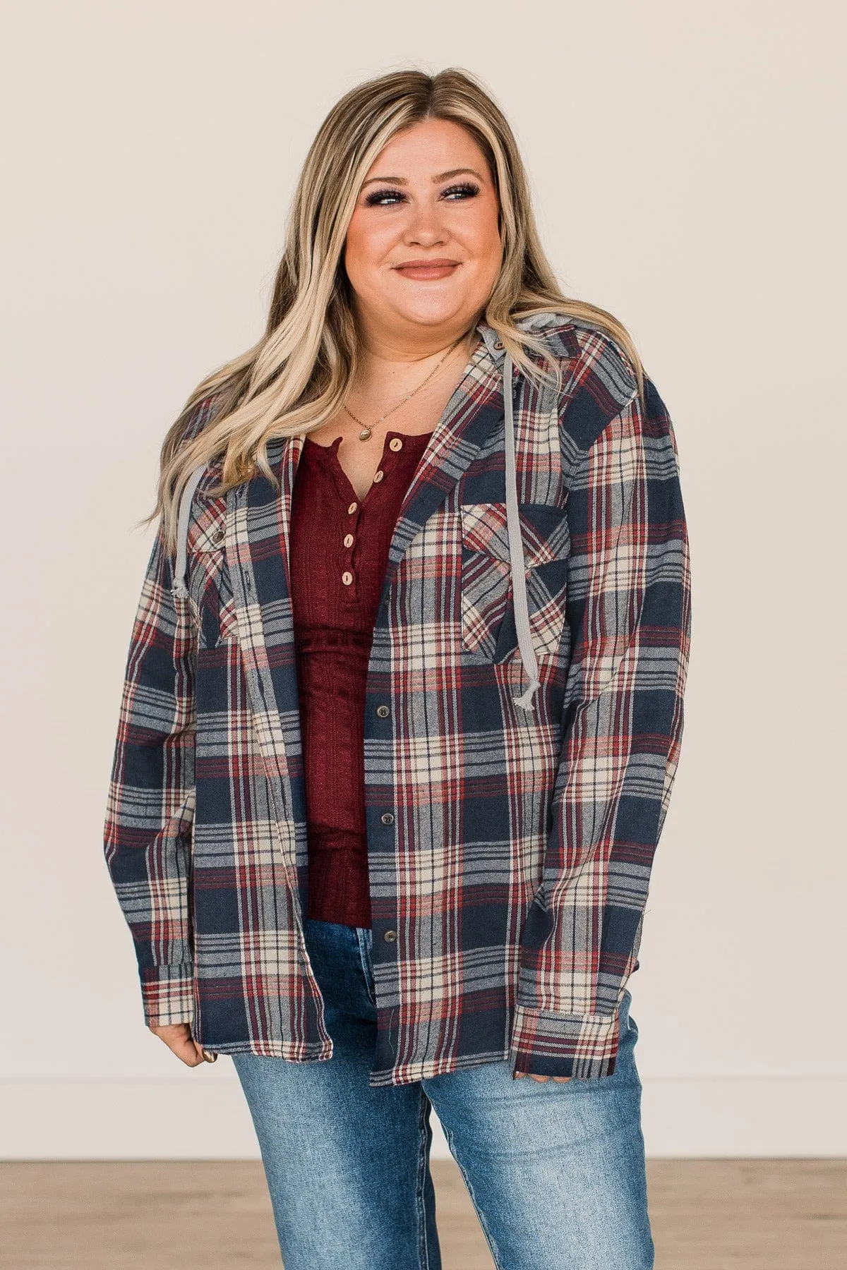 Heartfelt Serenades Hooded Plaid Top- Navy