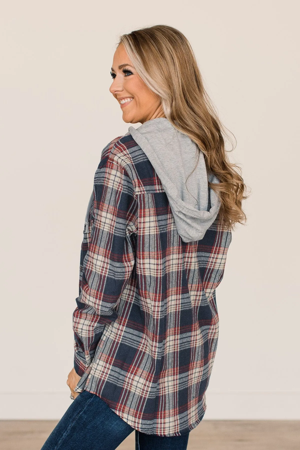 Heartfelt Serenades Hooded Plaid Top- Navy