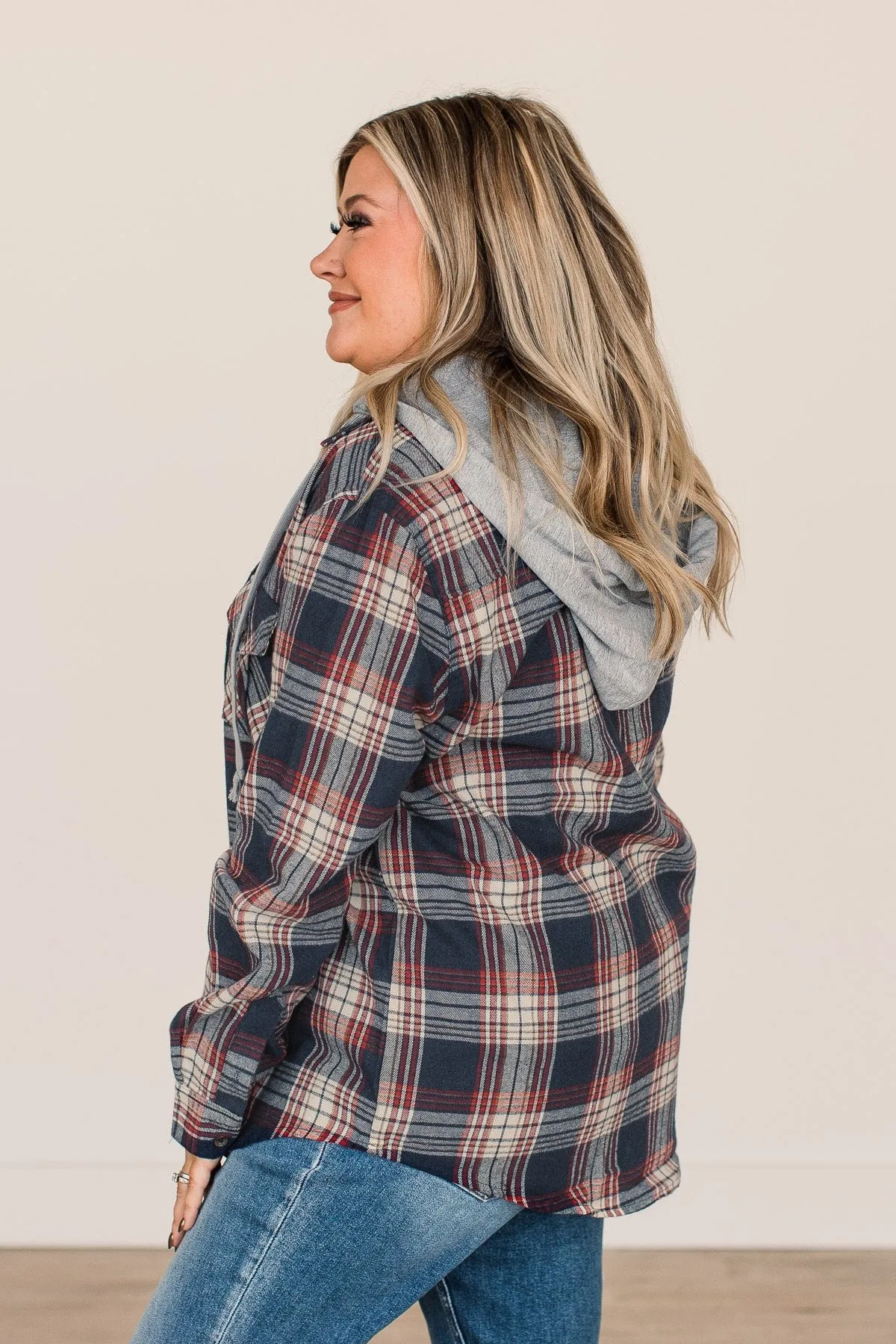 Heartfelt Serenades Hooded Plaid Top- Navy