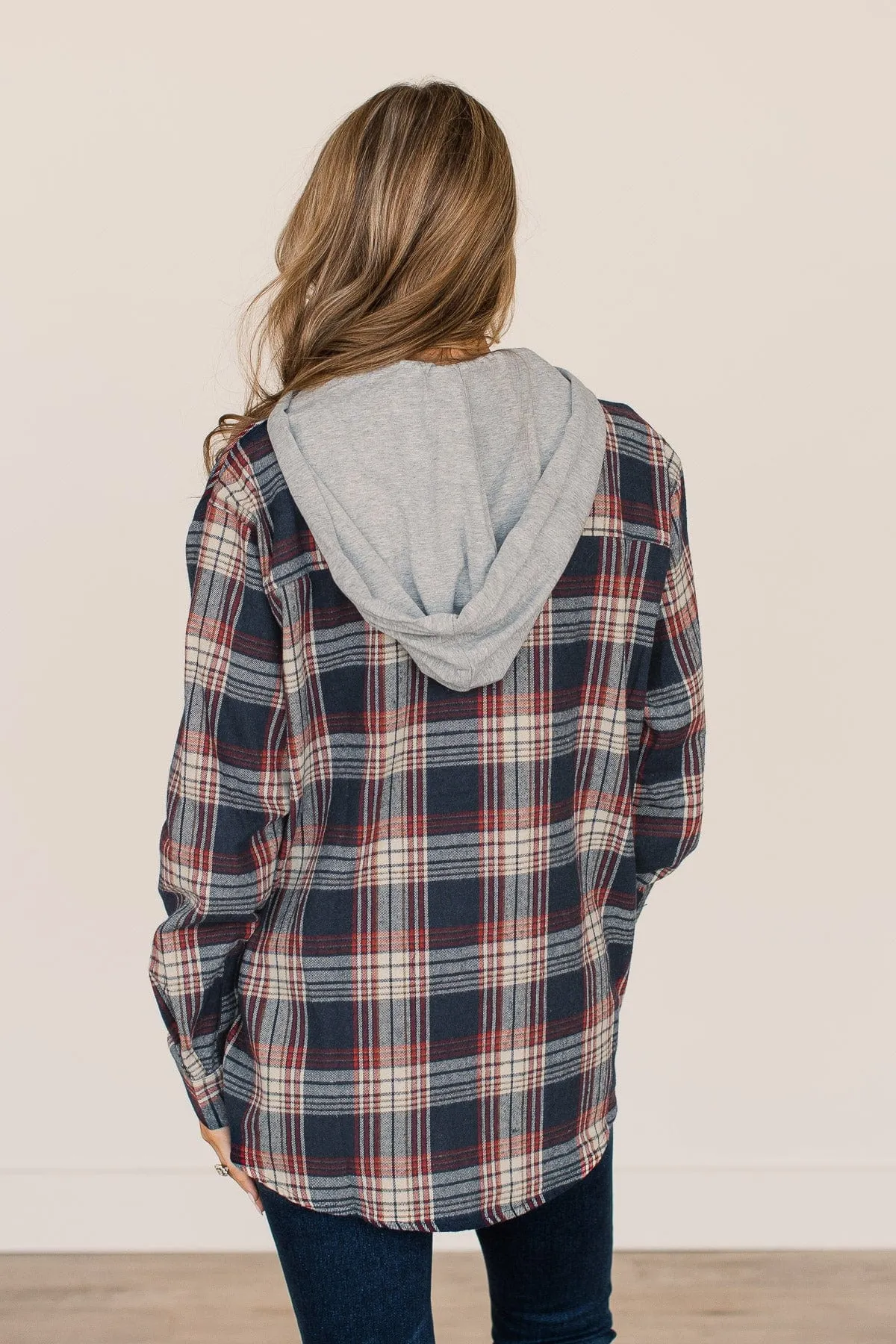 Heartfelt Serenades Hooded Plaid Top- Navy