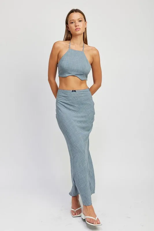 High waist bias maxi skirt.