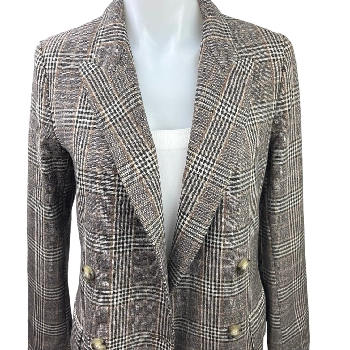 H&M Women's Brown Plaid Long Sleeve Double Breasted Blazer Jacket Coat Size XS