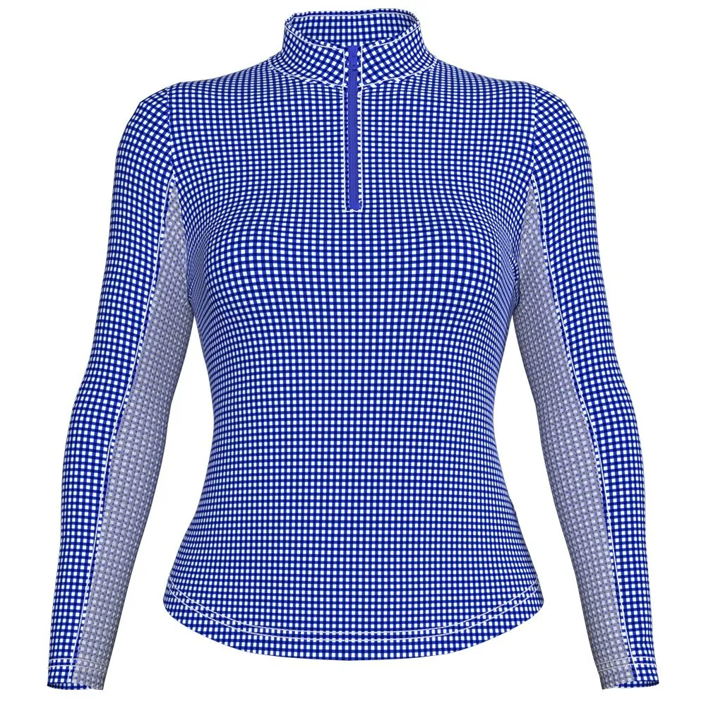 Ibkul Essential Mini Check Long Sleeve 1/4-Zip Mock Neck Shirt (Women's)