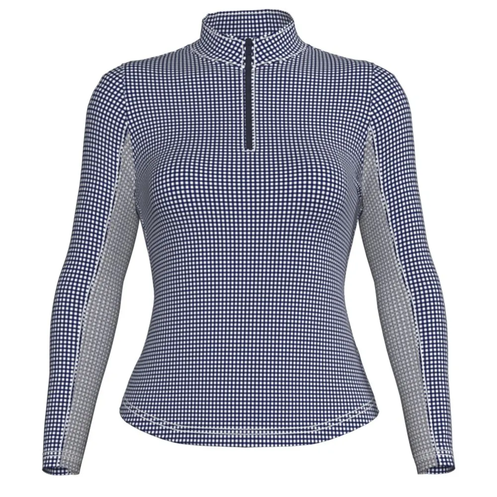 Ibkul Essential Mini Check Long Sleeve 1/4-Zip Mock Neck Shirt (Women's)