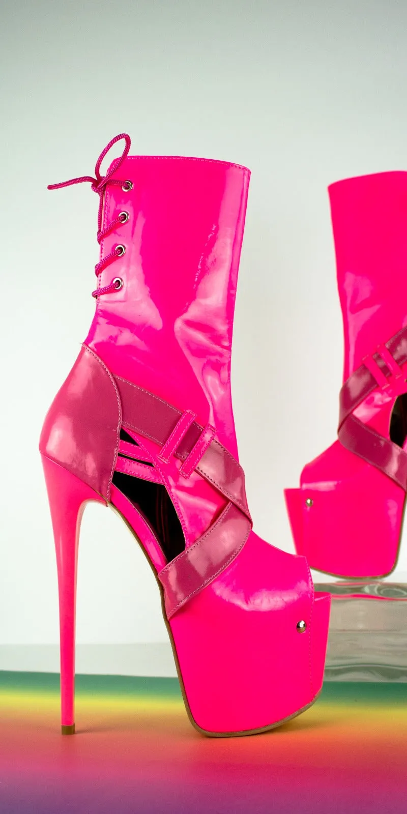 Lace-Up Pink Glossy Ankle Boots with Cut-Out Heels