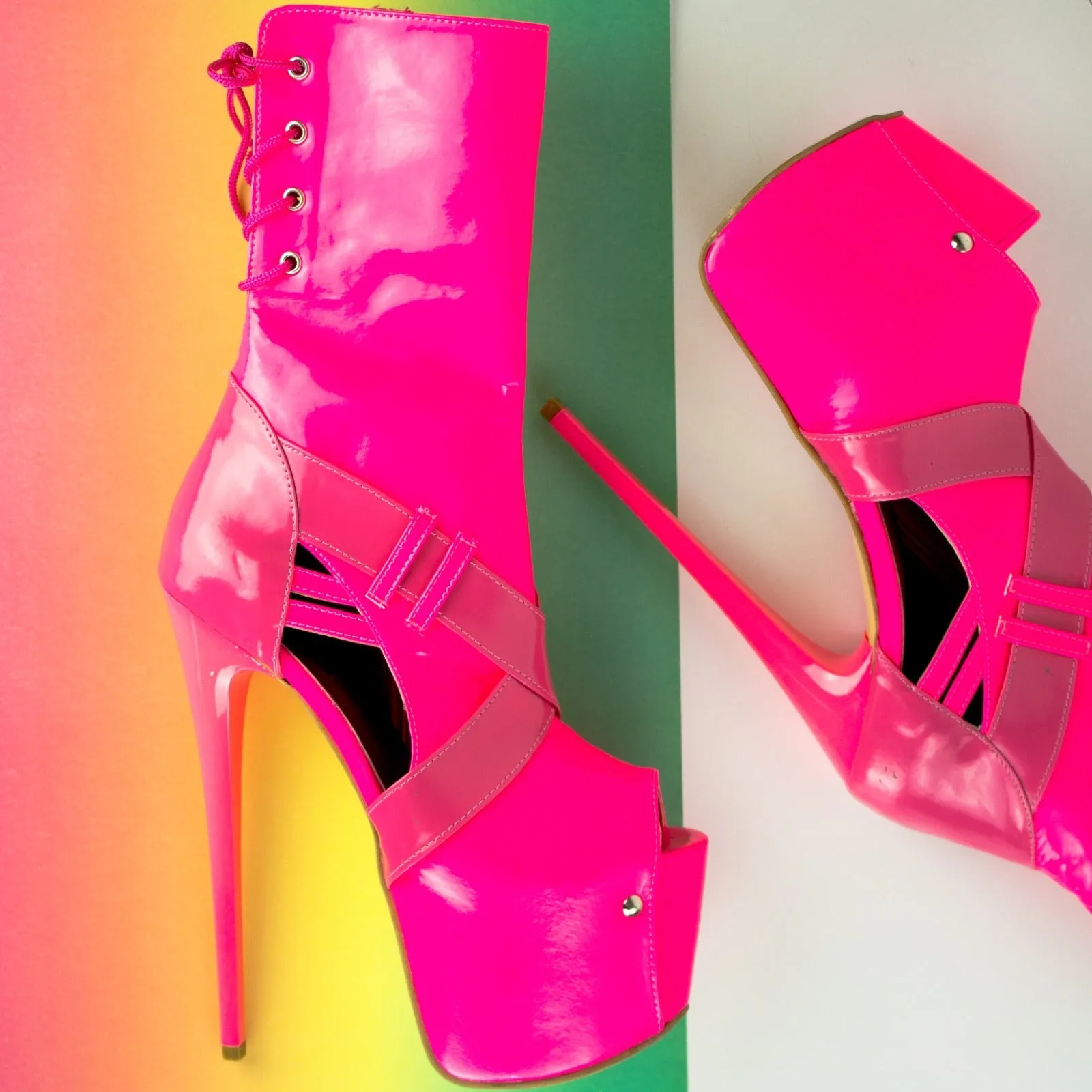 Lace-Up Pink Glossy Ankle Boots with Cut-Out Heels