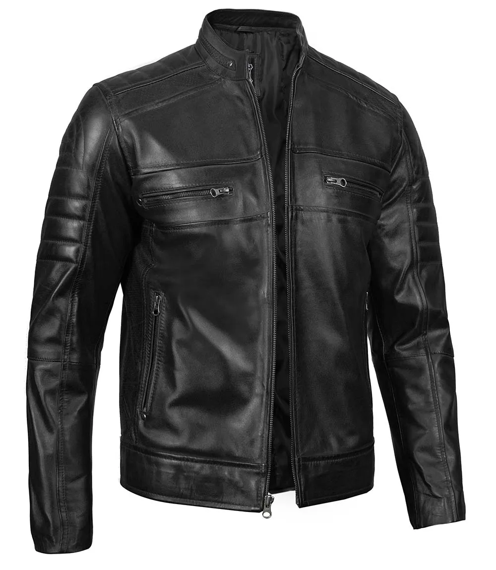 Men's Tall Black Cafe Racer Leather Jacket