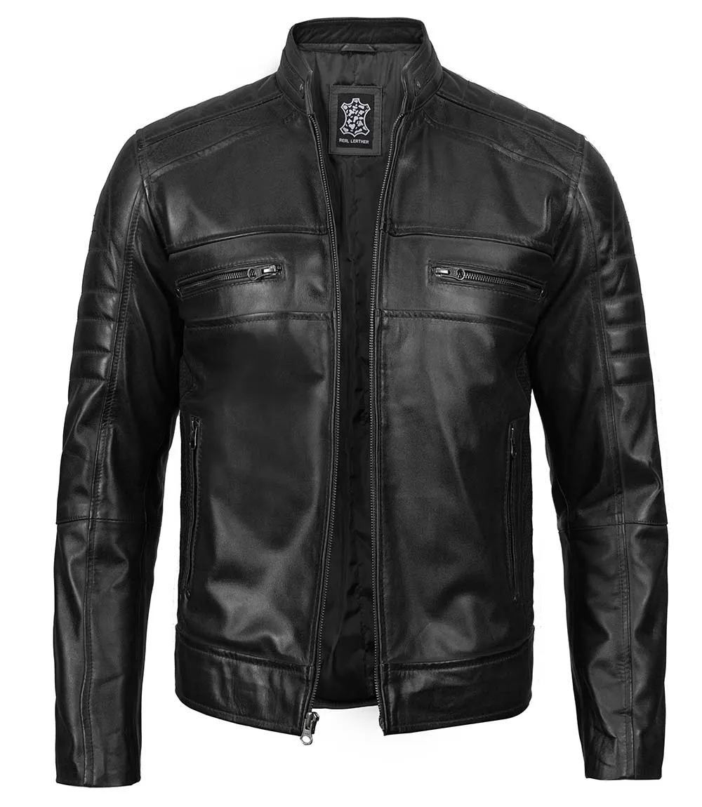 Men's Tall Black Cafe Racer Leather Jacket