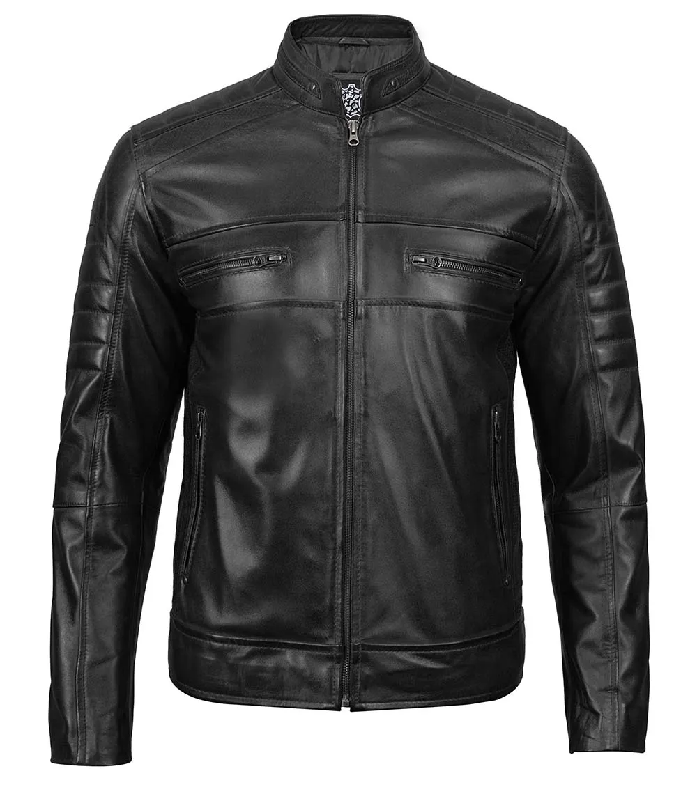 Men's Tall Black Cafe Racer Leather Jacket