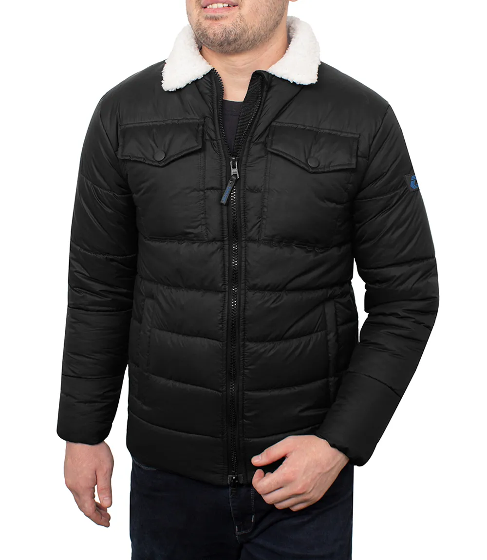 Mens Trucker Style Black Puffer Jacket With Fur Collar