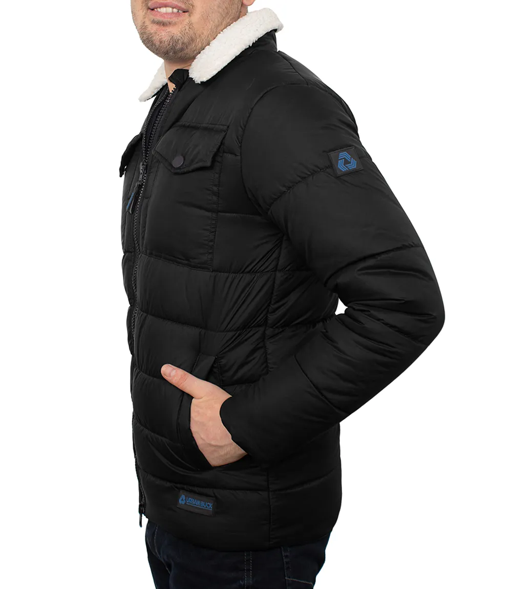 Mens Trucker Style Black Puffer Jacket With Fur Collar