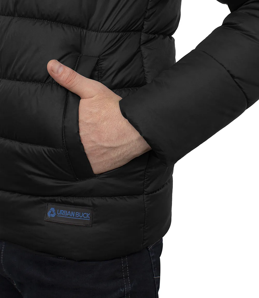 Mens Trucker Style Black Puffer Jacket With Fur Collar