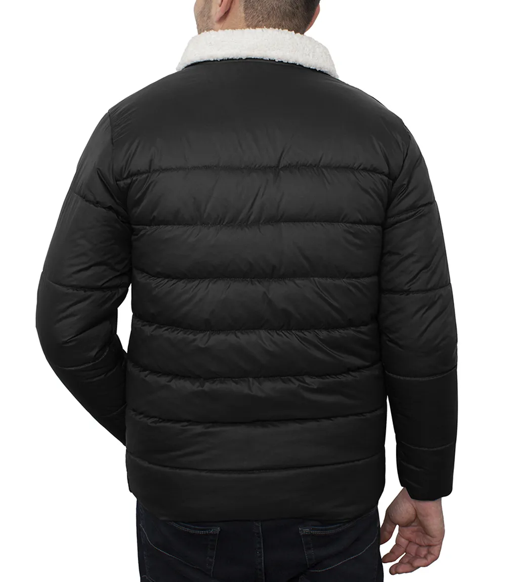 Mens Trucker Style Black Puffer Jacket With Fur Collar