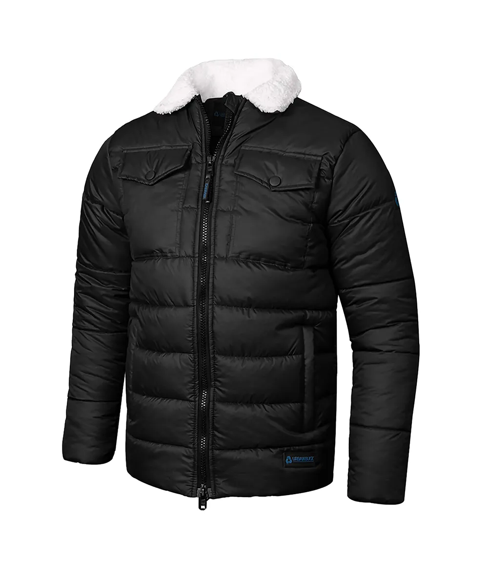 Mens Trucker Style Black Puffer Jacket With Fur Collar