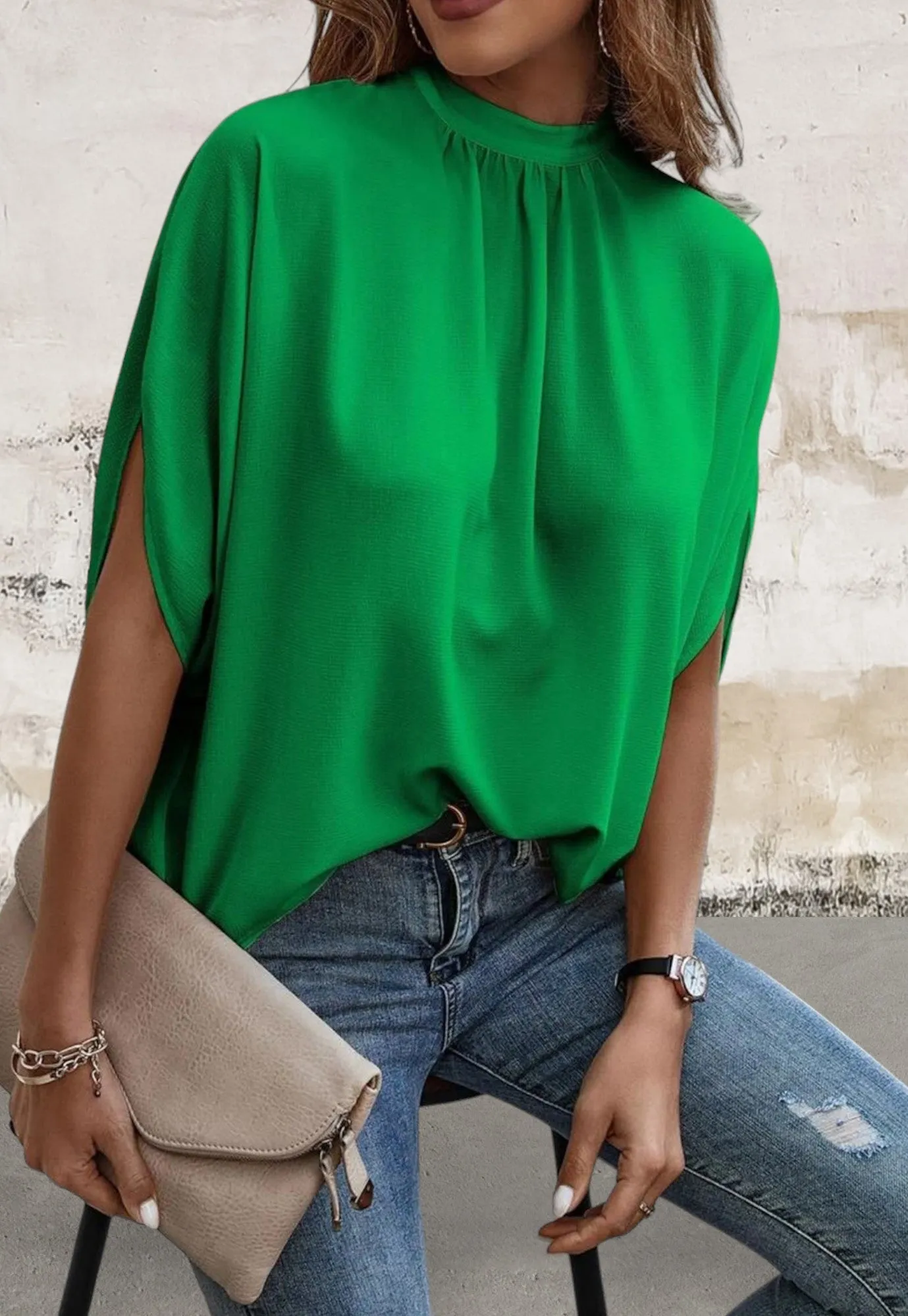 Mockneck Split Batwing Sleeve Top