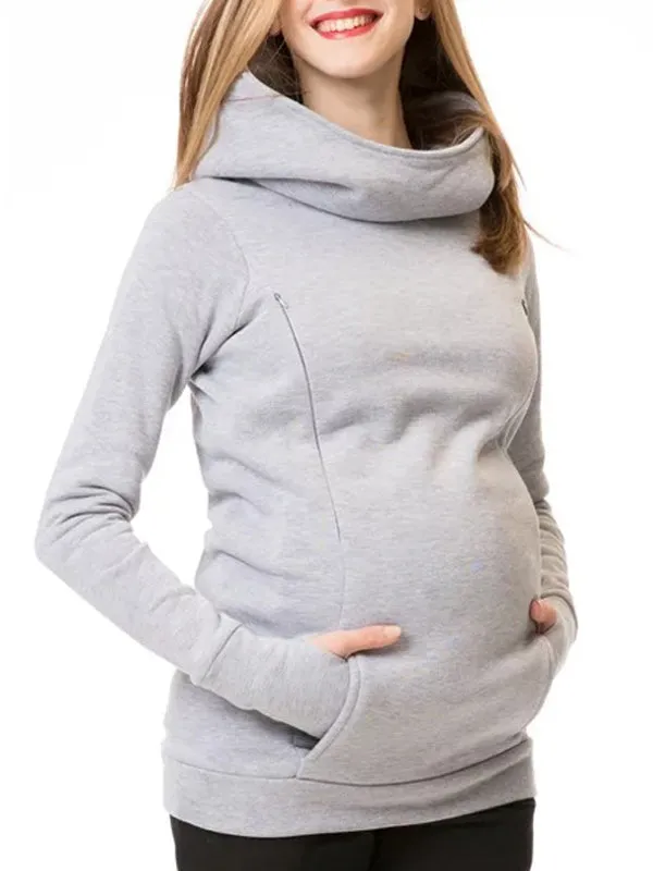 Momnfancy Hooded Solid Color Long Sleeve Baby Shower Maternity Daily Nursing Sweatshirt