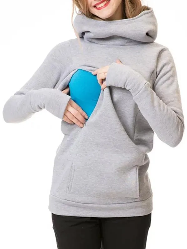 Momnfancy Hooded Solid Color Long Sleeve Baby Shower Maternity Daily Nursing Sweatshirt