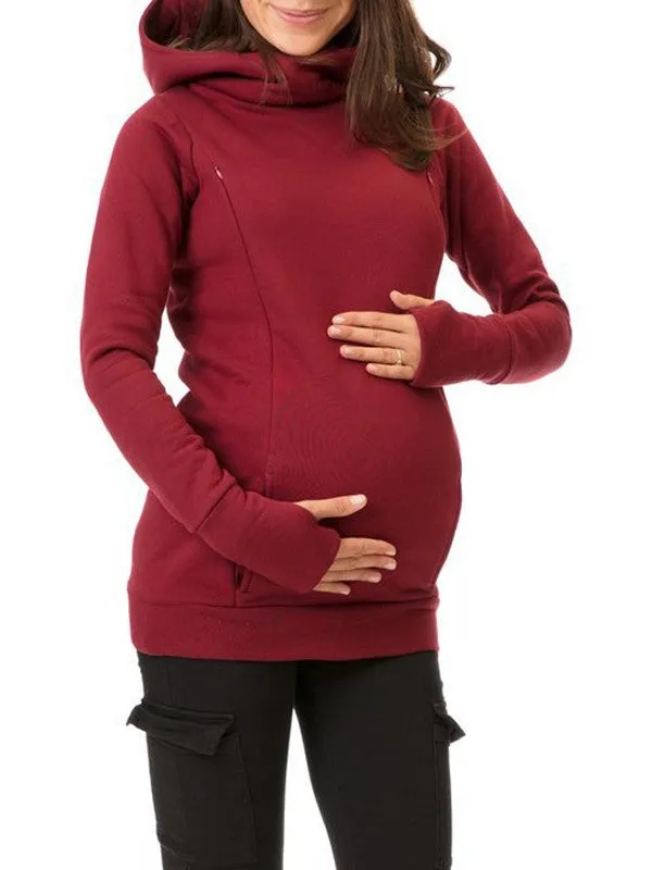 Momnfancy Hooded Solid Color Long Sleeve Baby Shower Maternity Daily Nursing Sweatshirt