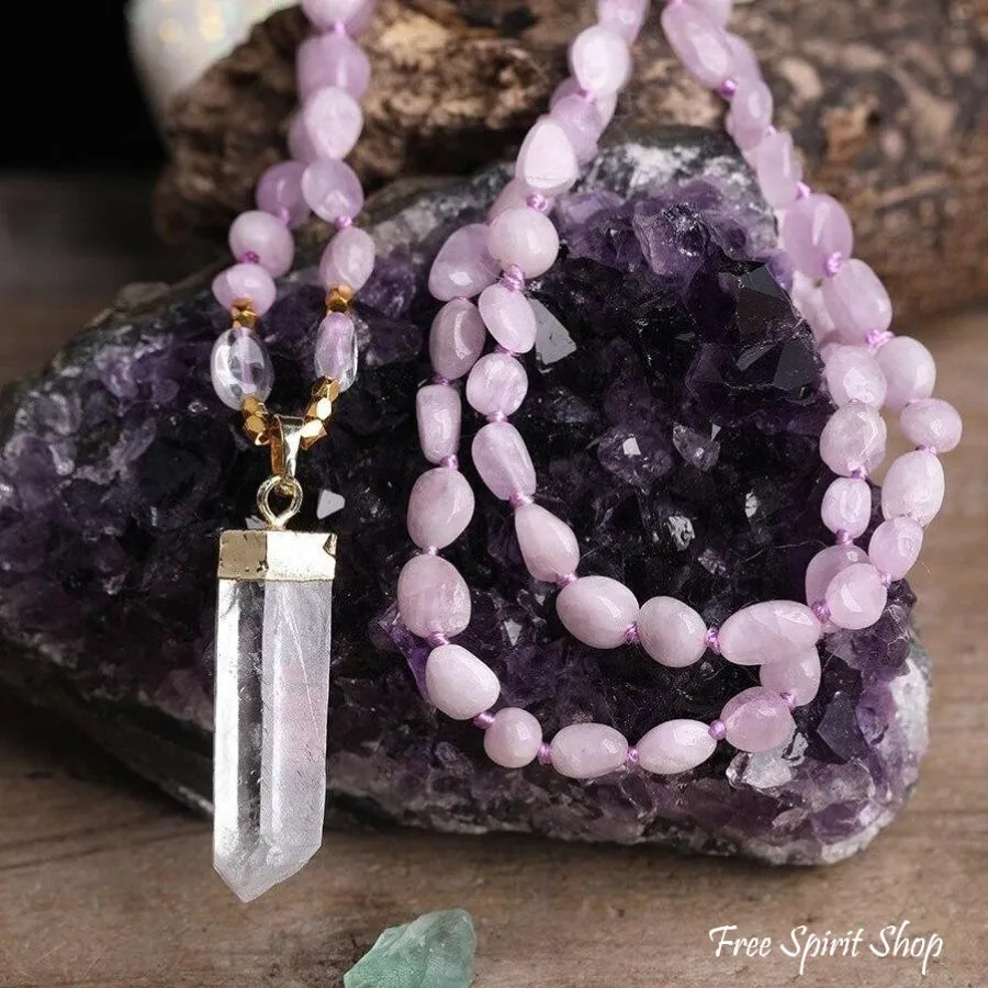 Natural Kunzite Crystal & Clear Quartz Beaded Necklace