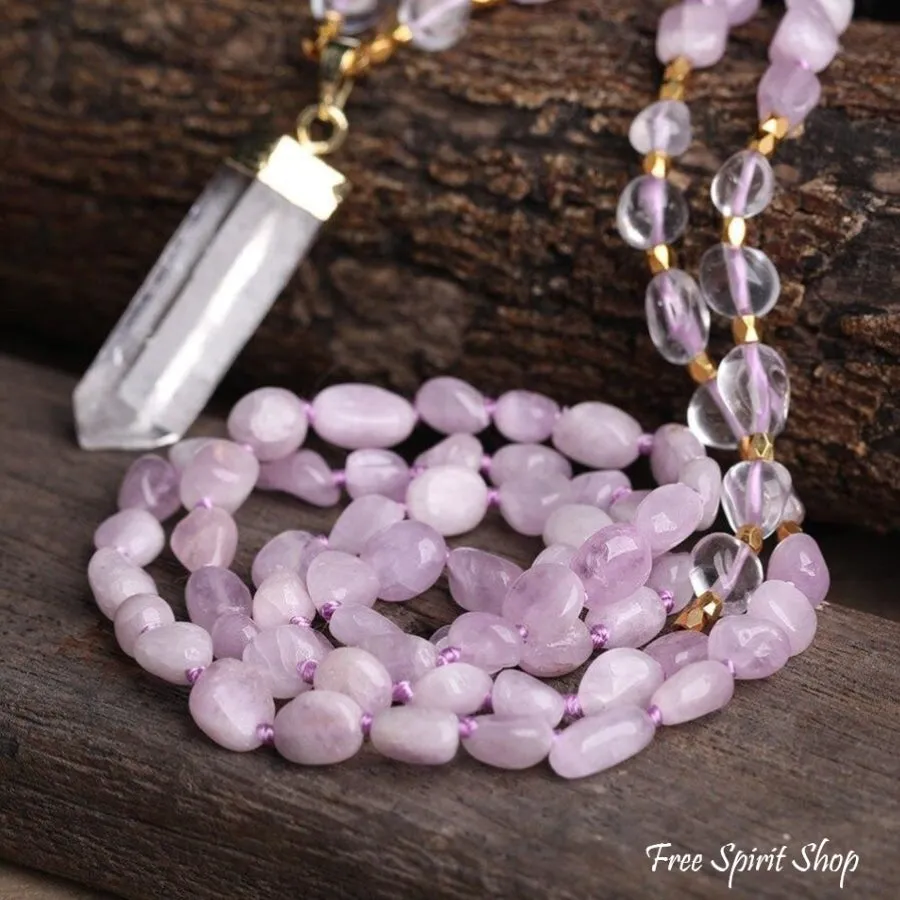 Natural Kunzite Crystal & Clear Quartz Beaded Necklace