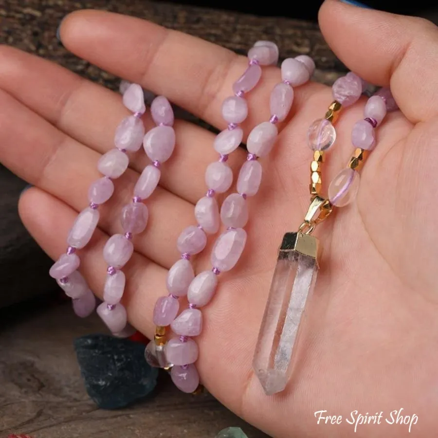 Natural Kunzite Crystal & Clear Quartz Beaded Necklace