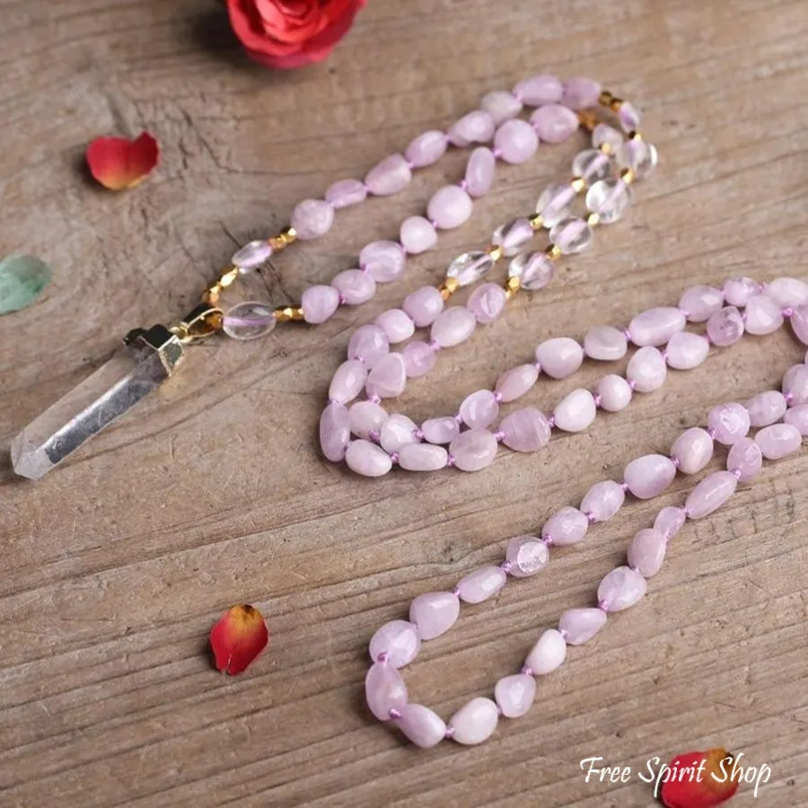 Natural Kunzite Crystal & Clear Quartz Beaded Necklace