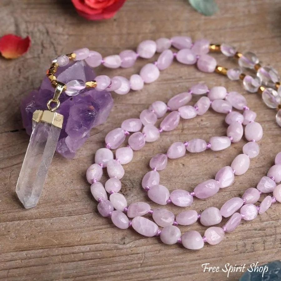 Natural Kunzite Crystal & Clear Quartz Beaded Necklace