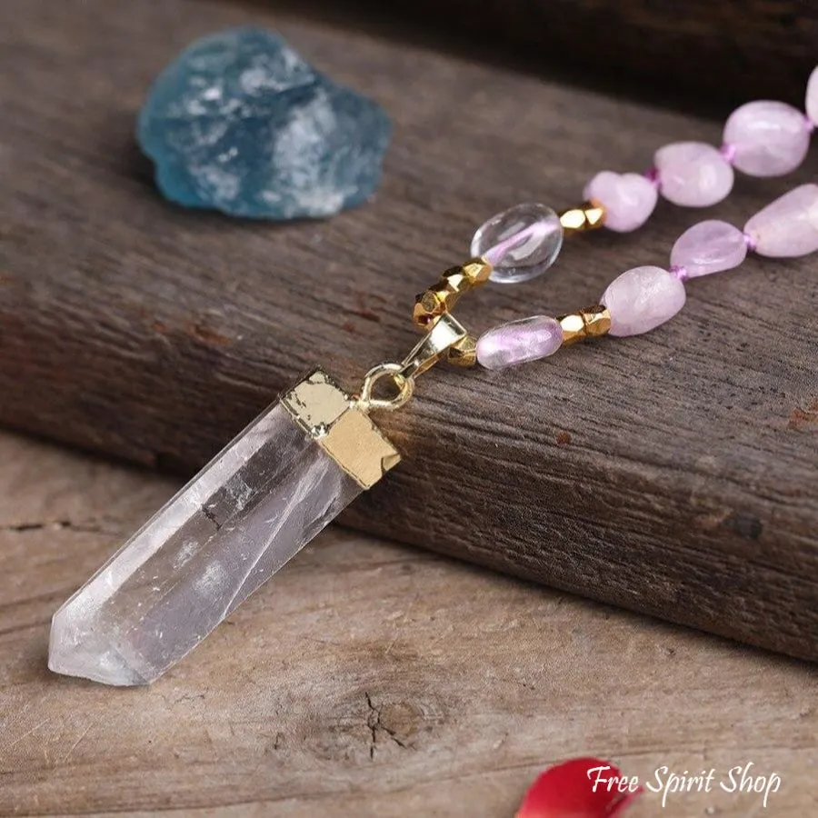 Natural Kunzite Crystal & Clear Quartz Beaded Necklace