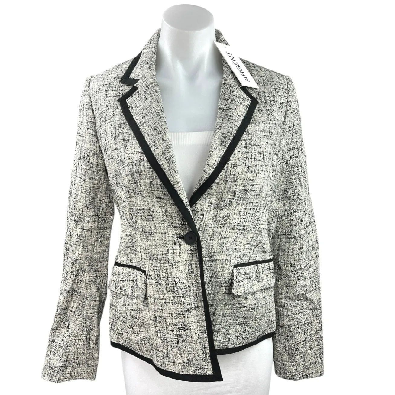 NEW Argent Piped Ivory Black Multicolor Wool Tweed Business Blazer Coat Jacket 4