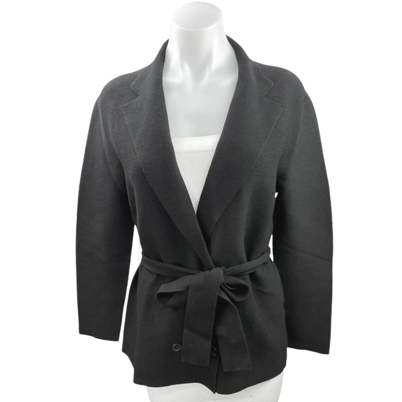 NEW Argent Womens Black Double Breasted Belted Tie Knit Blazer Coat Jacket Sz S