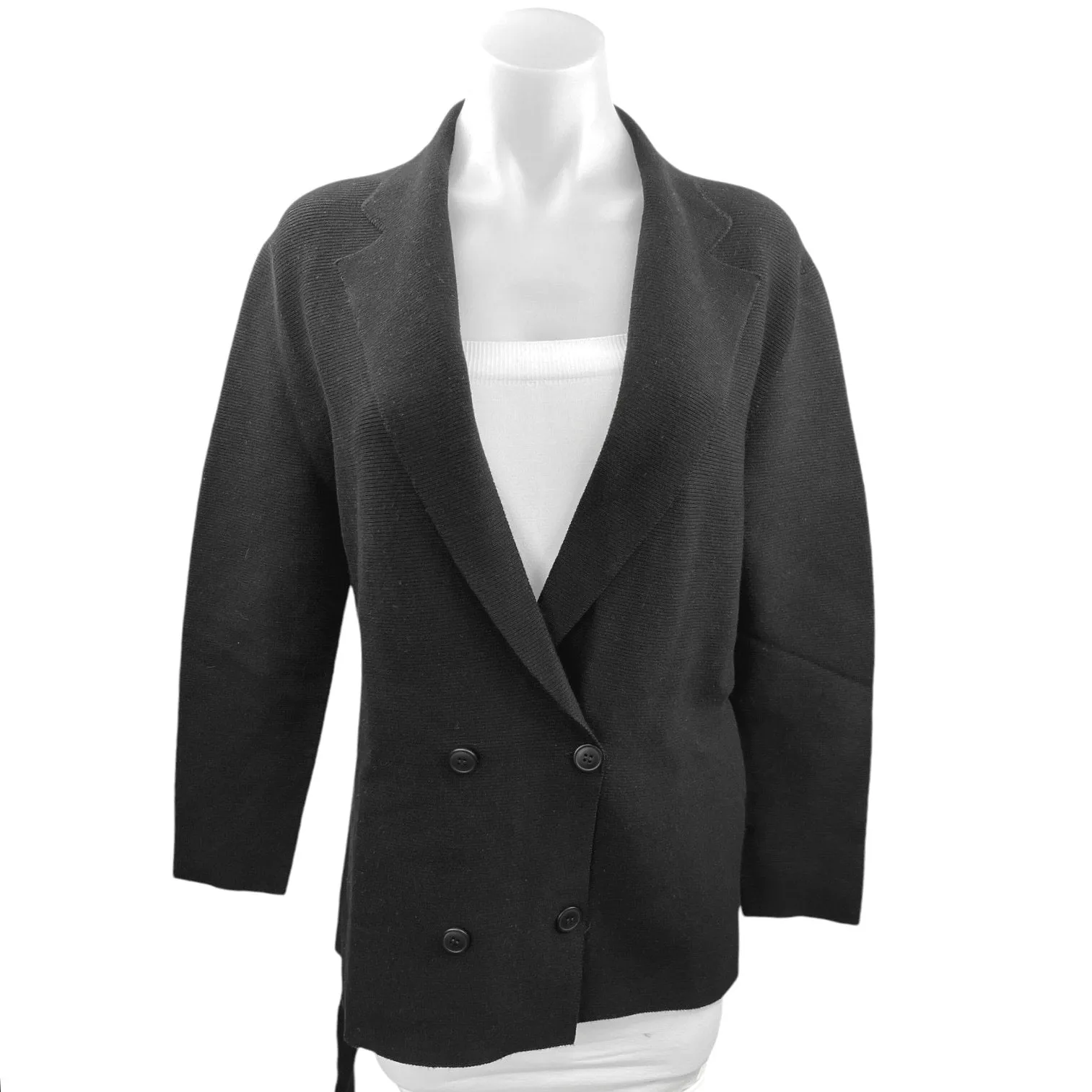 NEW Argent Womens Black Double Breasted Belted Tie Knit Blazer Coat Jacket Sz S