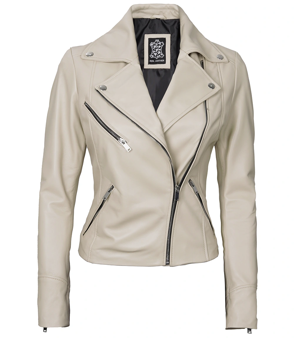 Ninfa Women Moto Style Beige Real Leather Jacket