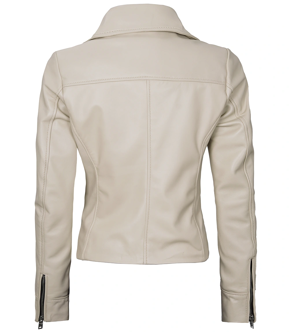 Ninfa Women Moto Style Beige Real Leather Jacket