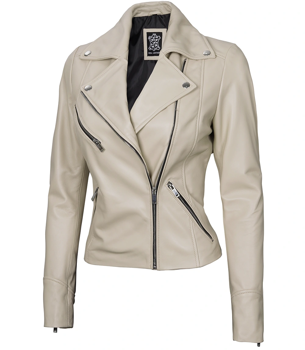 Ninfa Women Moto Style Beige Real Leather Jacket