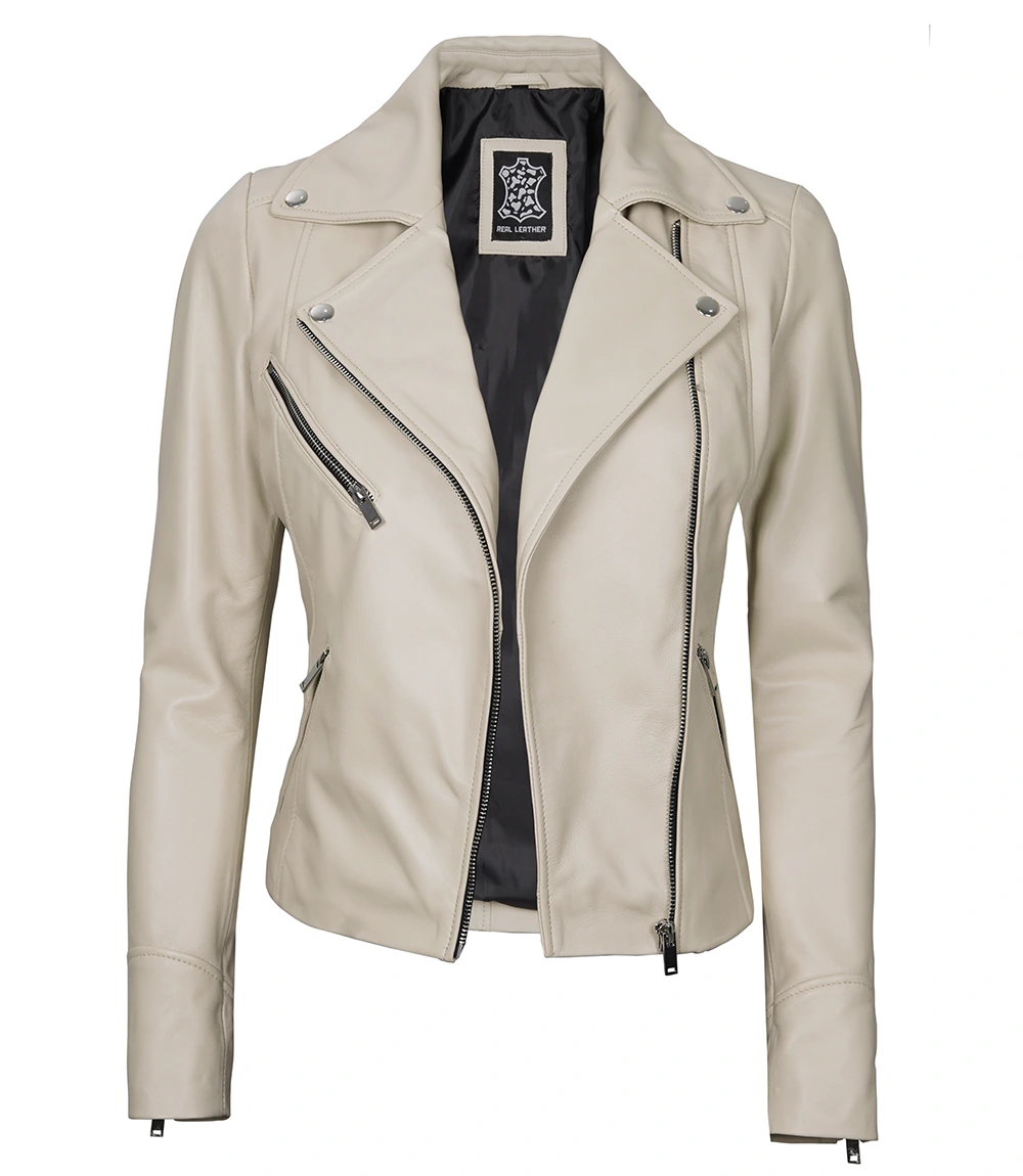 Ninfa Women Moto Style Beige Real Leather Jacket