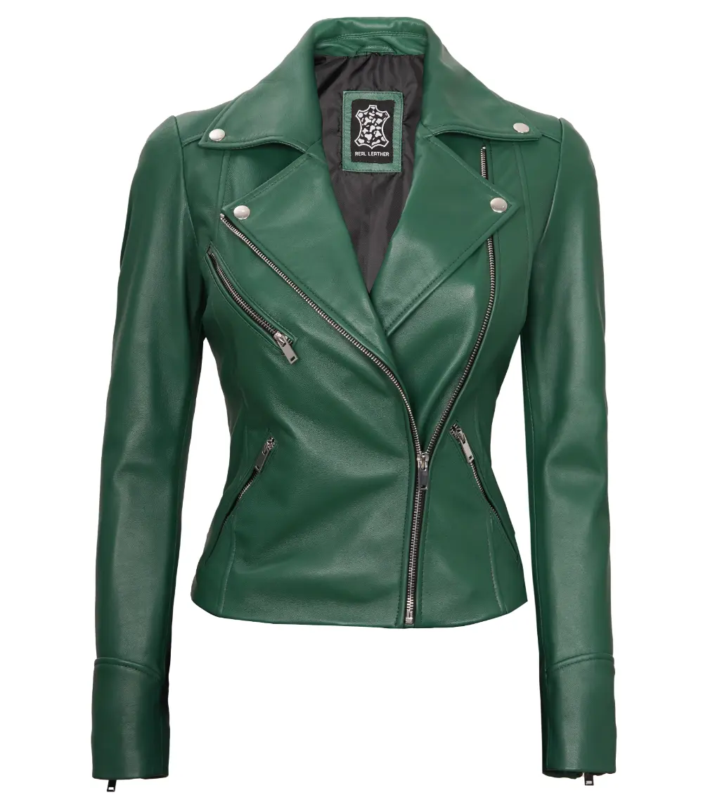 Ninfa Women Moto Style Real Leather Green Jacket