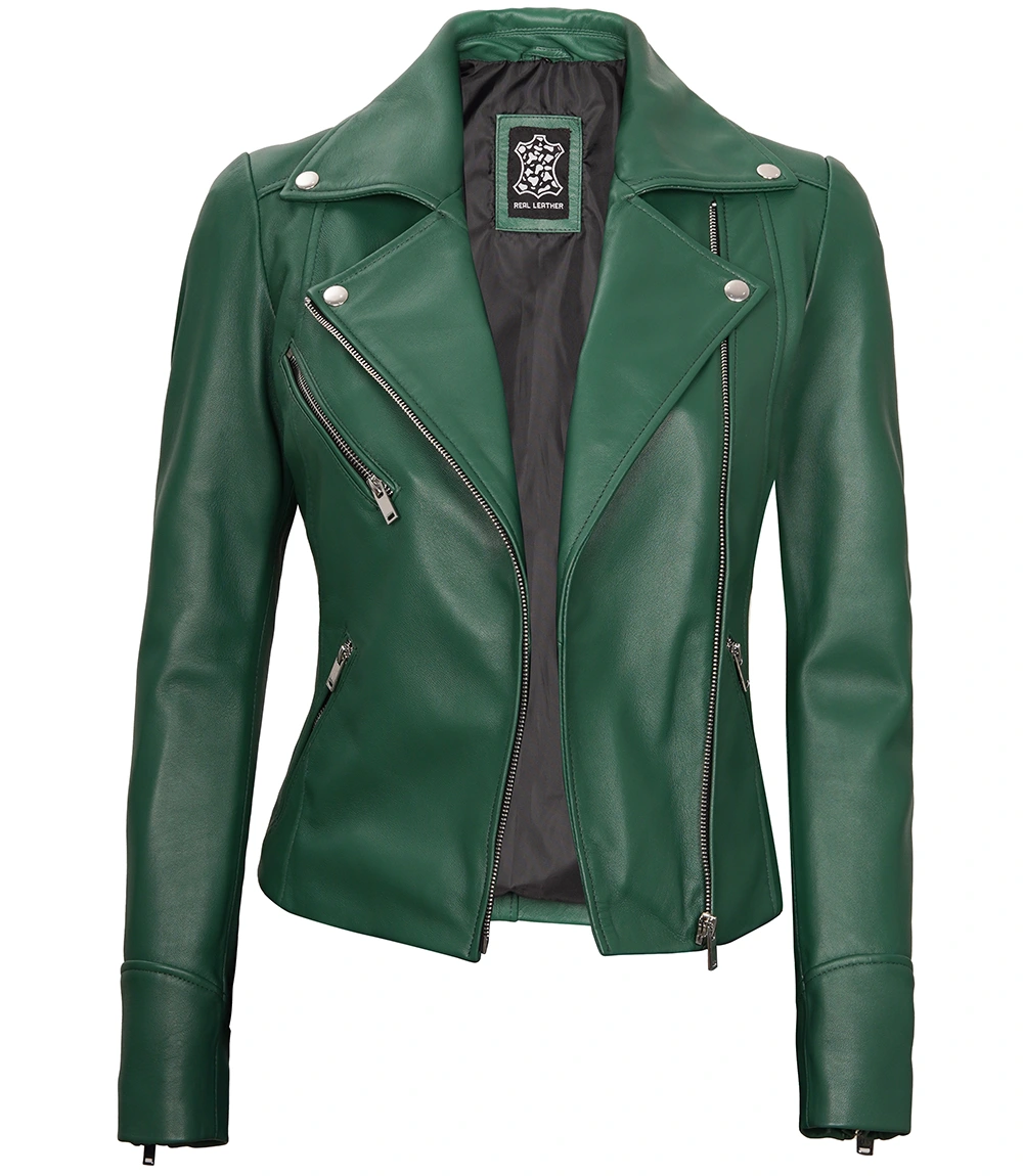 Ninfa Women Moto Style Real Leather Green Jacket