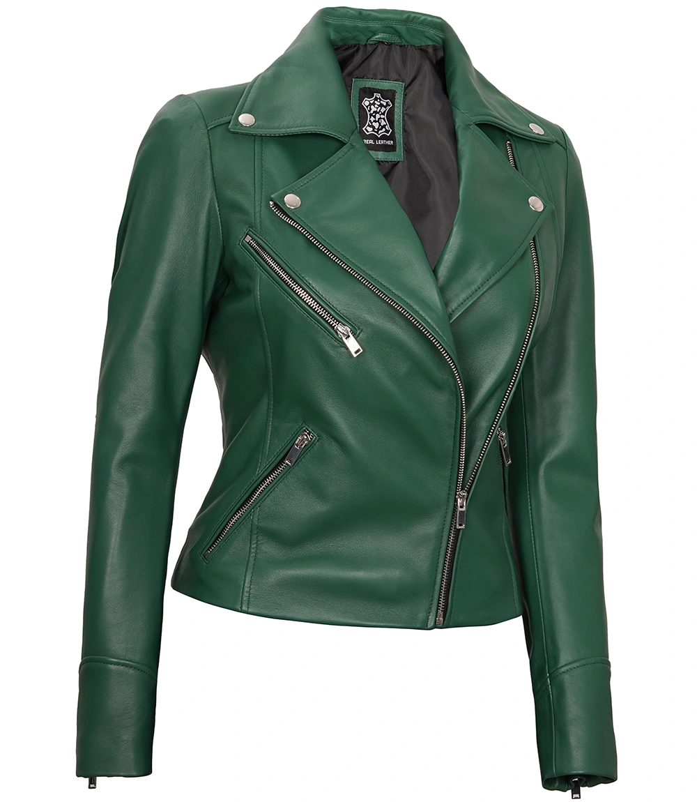 Ninfa Women Moto Style Real Leather Green Jacket