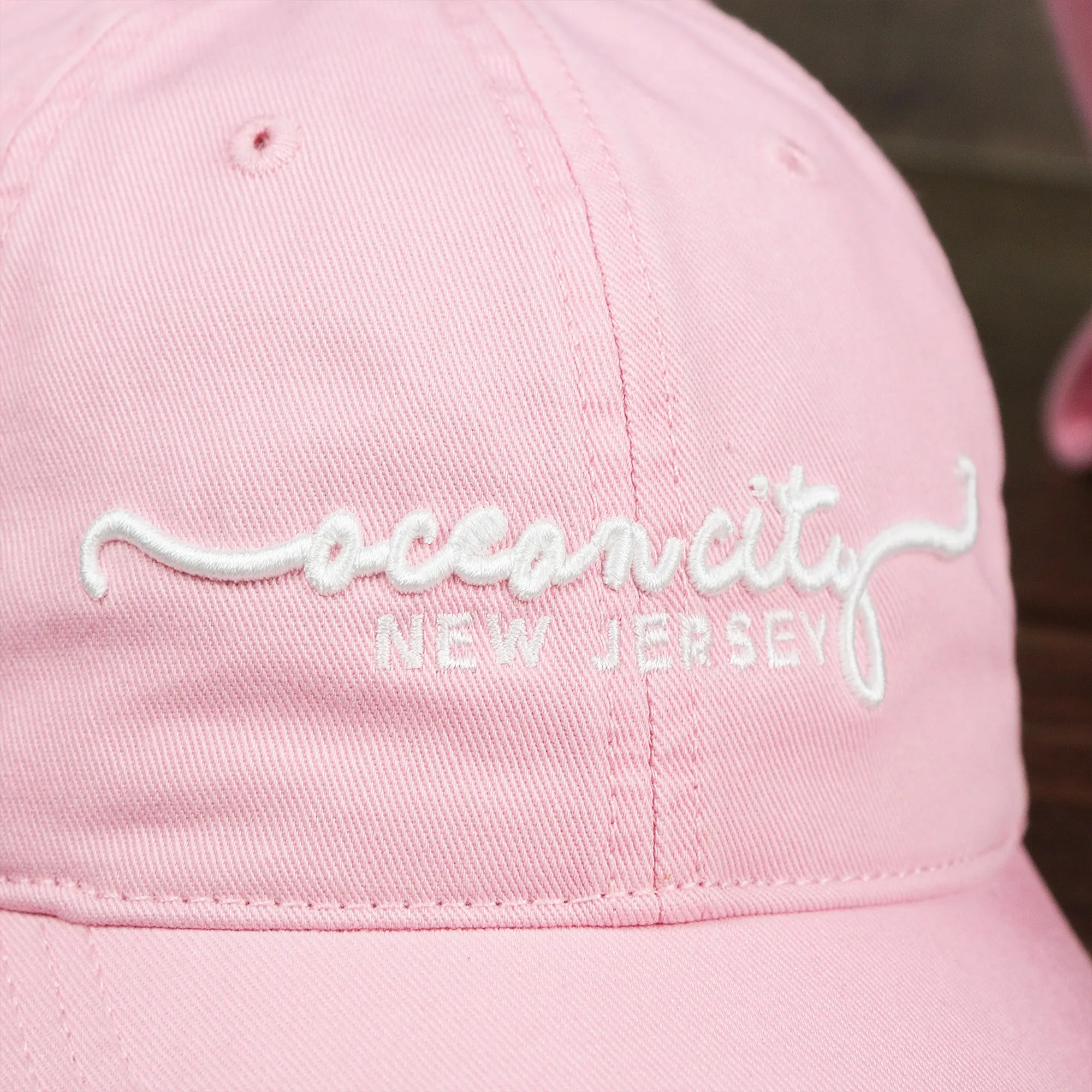 OCNJ NJ Ocean City Cursive Wordmark Dad Hat, Oxford Pink Dad Hat at Lowest Price