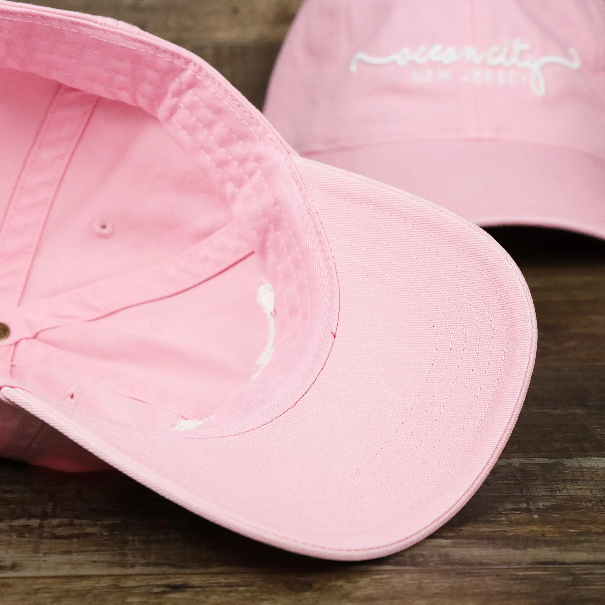 OCNJ NJ Ocean City Cursive Wordmark Dad Hat, Oxford Pink Dad Hat at Lowest Price