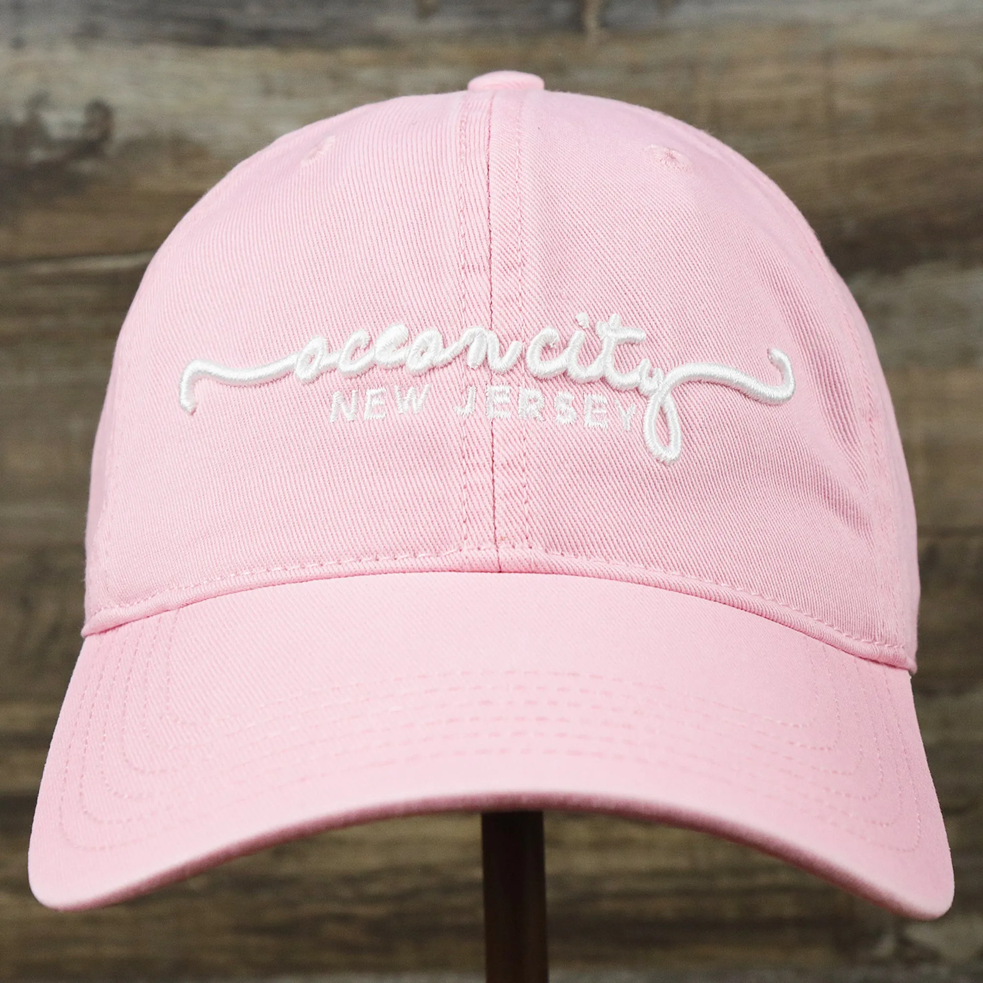 OCNJ NJ Ocean City Cursive Wordmark Dad Hat, Oxford Pink Dad Hat at Lowest Price