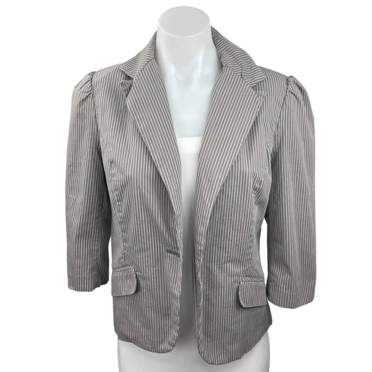 Old Navy Gray Striped One Button 3/4 Puff Sleeve Cropped Blazer Coat Jacket Sz M